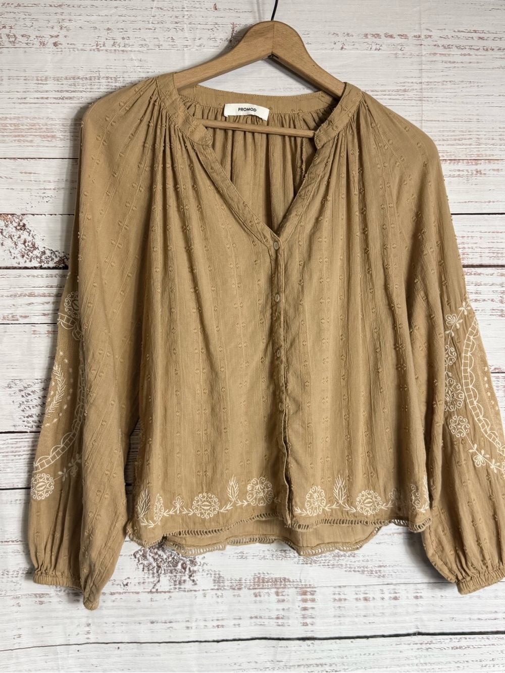 Promod Tan Embroidered Peasant Blouse 100% Cotton Size 12